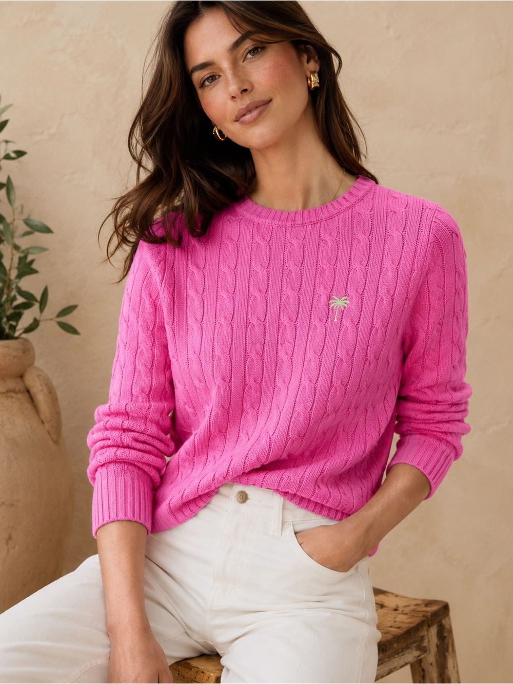 Lilly Pulitzer Pink Cable Knit Sweater Palm Tree Logo Size Medium